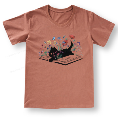 Pagewings Cute Book Cat V-neck T-shirt 