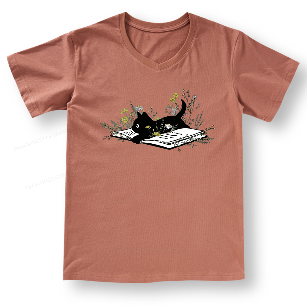 Pagewings Cute Book Cat V-neck T-shirt 