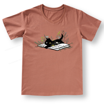 Pagewings Cute Book Cat V-neck T-shirt 