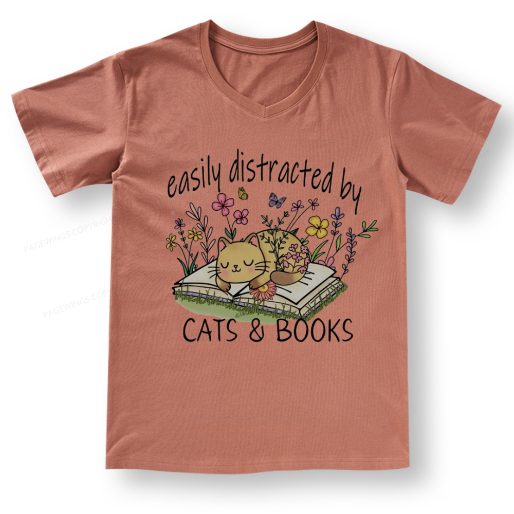 Pagewings Easily Distracted By Cats And Books V-neck T-shirt