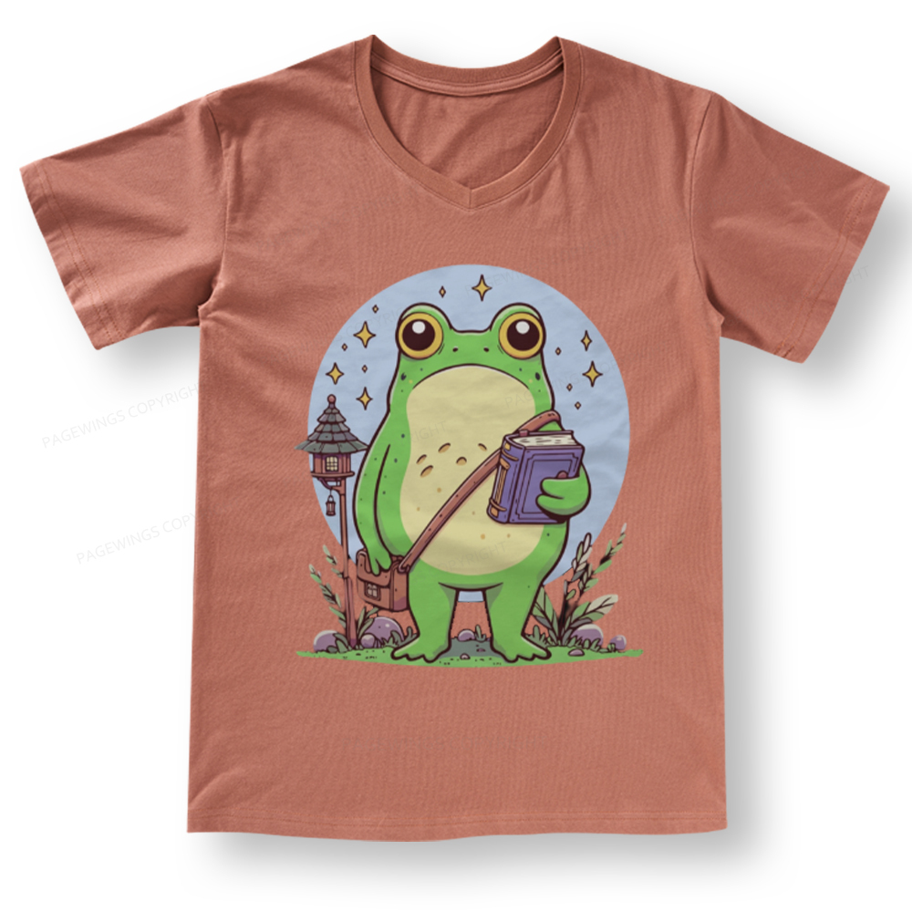 Pagewings Frog Reading Book V-neck T-shirt