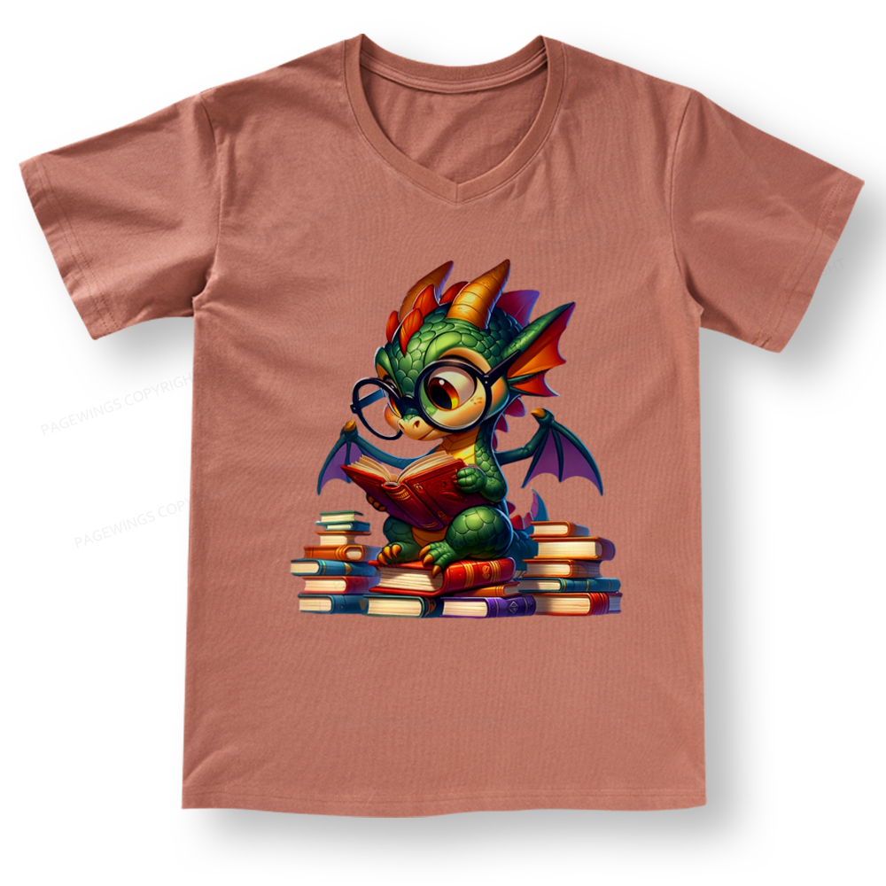 Pagewings Dragon And Books V-neck T-shirt