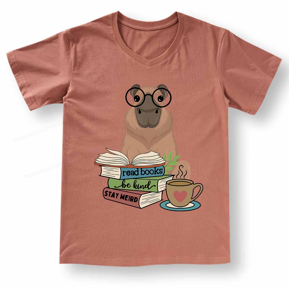Pagewings Capybara Reading V-neck T-shirt