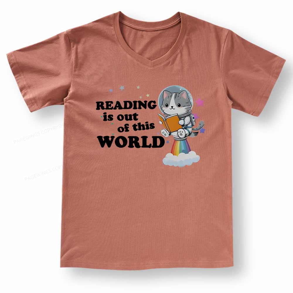 Pagewings Cat Reading in Space V-neck T-shirt
