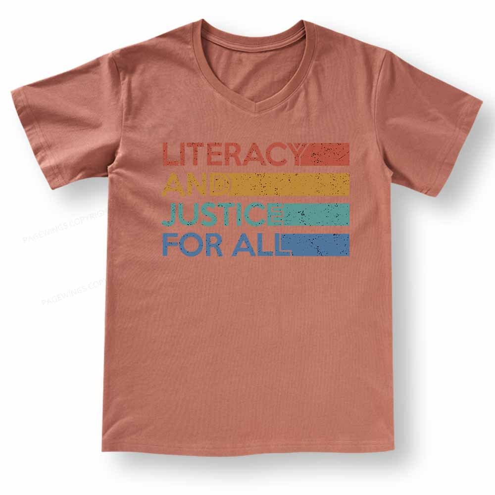 Pagewings Literacy and Justice For All V-neck T-shirt 