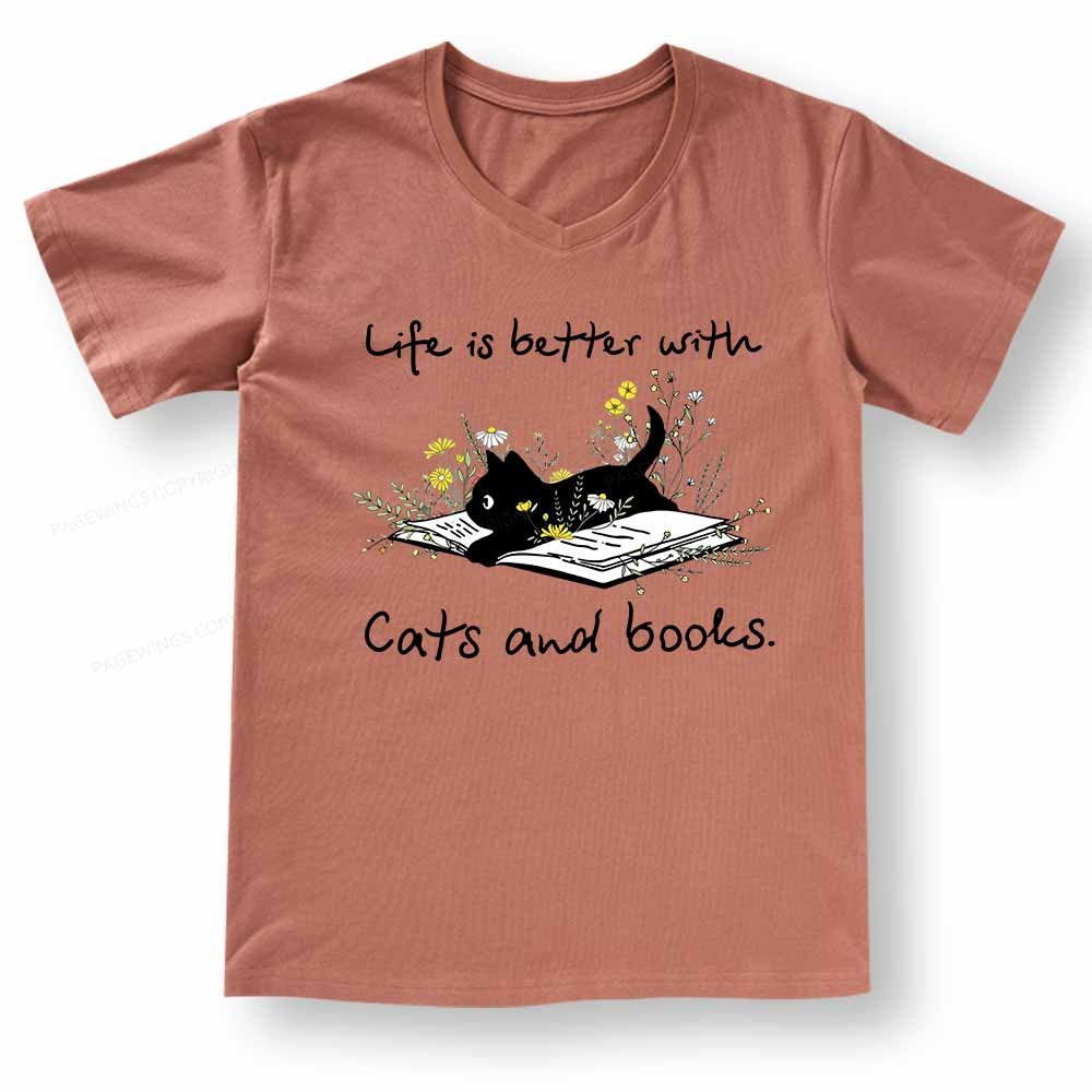 Pagewings Life Is Better With Cats And Books V-neck T-shirt