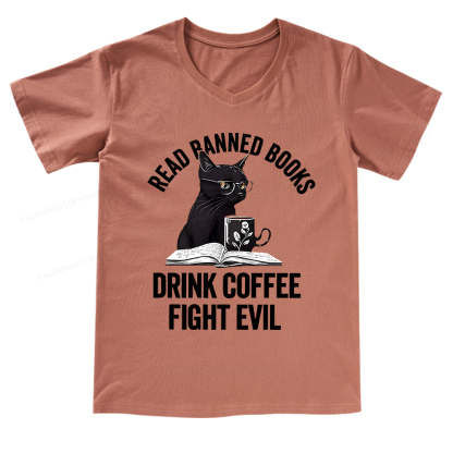 Pagewings Read Books Drink Coffee Fight Evil Shirt V-neck T-shirt