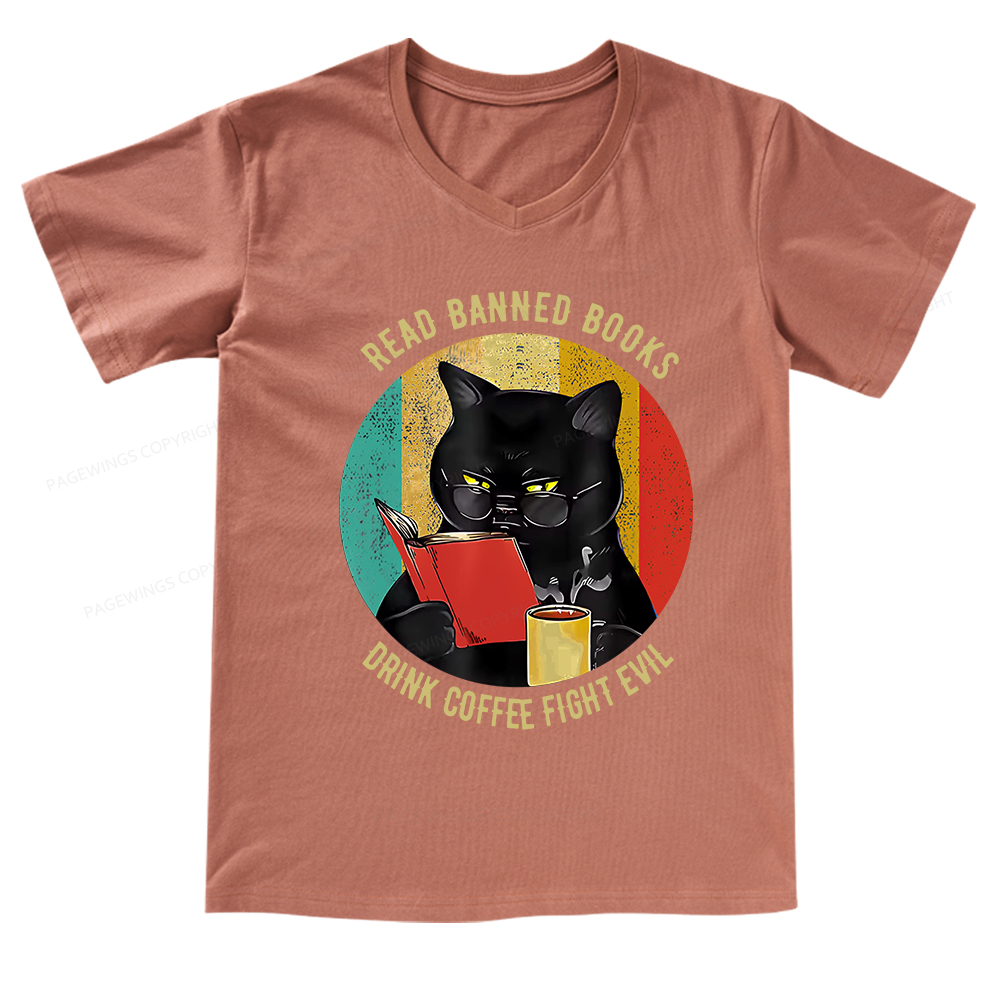 Pagewings Read Banned Books Drink Coffee Fight Evil Retro Cat Lovers V-neck T-shirt 