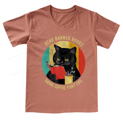 Pagewings Read Banned Books Drink Coffee Fight Evil Retro Cat Lovers V-neck T-shirt 