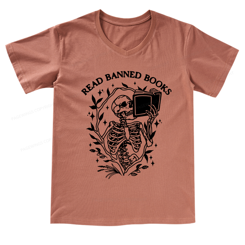 Pagewings Read Banned Books Skeleton Halloween Goth Protest T-Shirt V-neck T-shirt