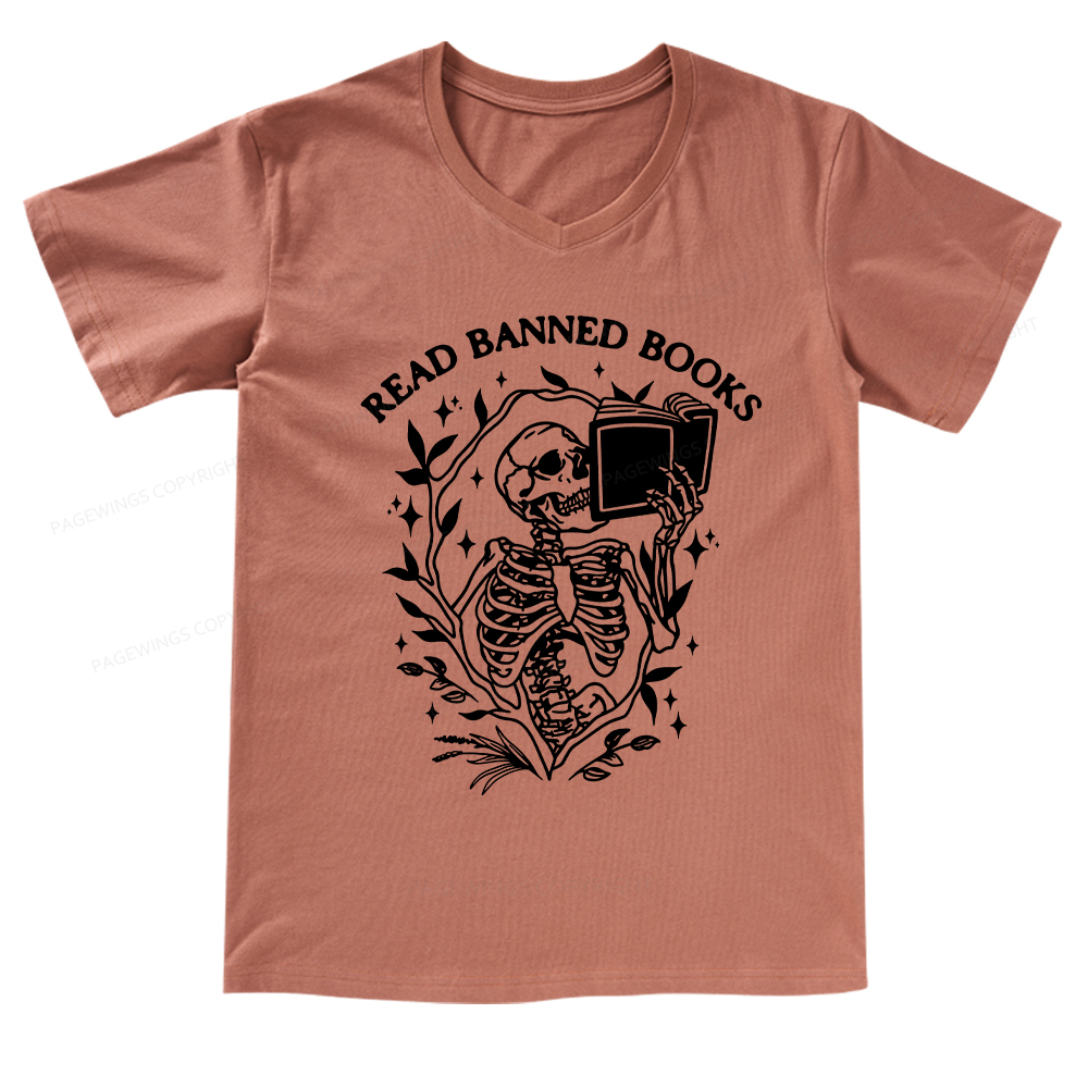 Pagewings Read Banned Books Skeleton Halloween Goth Protest T-Shirt V-neck T-shirt