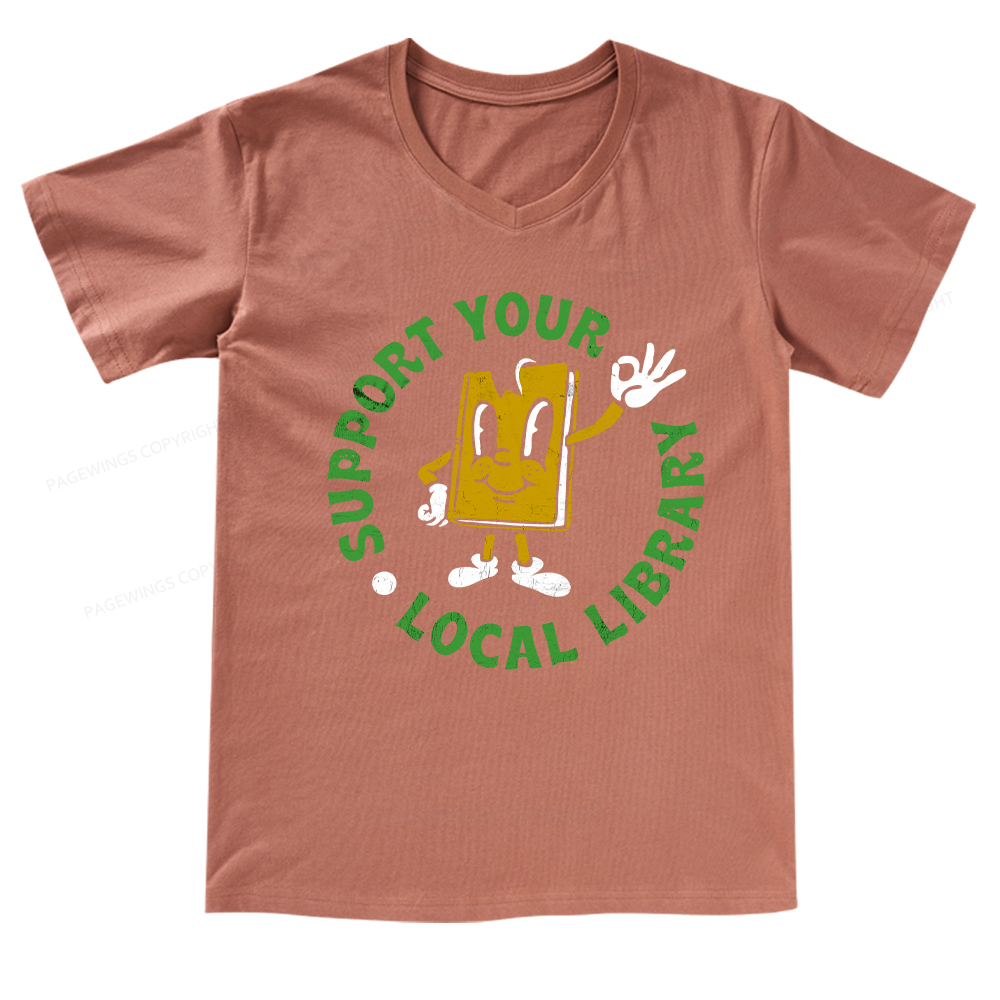 Pagewings Support Your Local Library Adult V-neck T-shirt