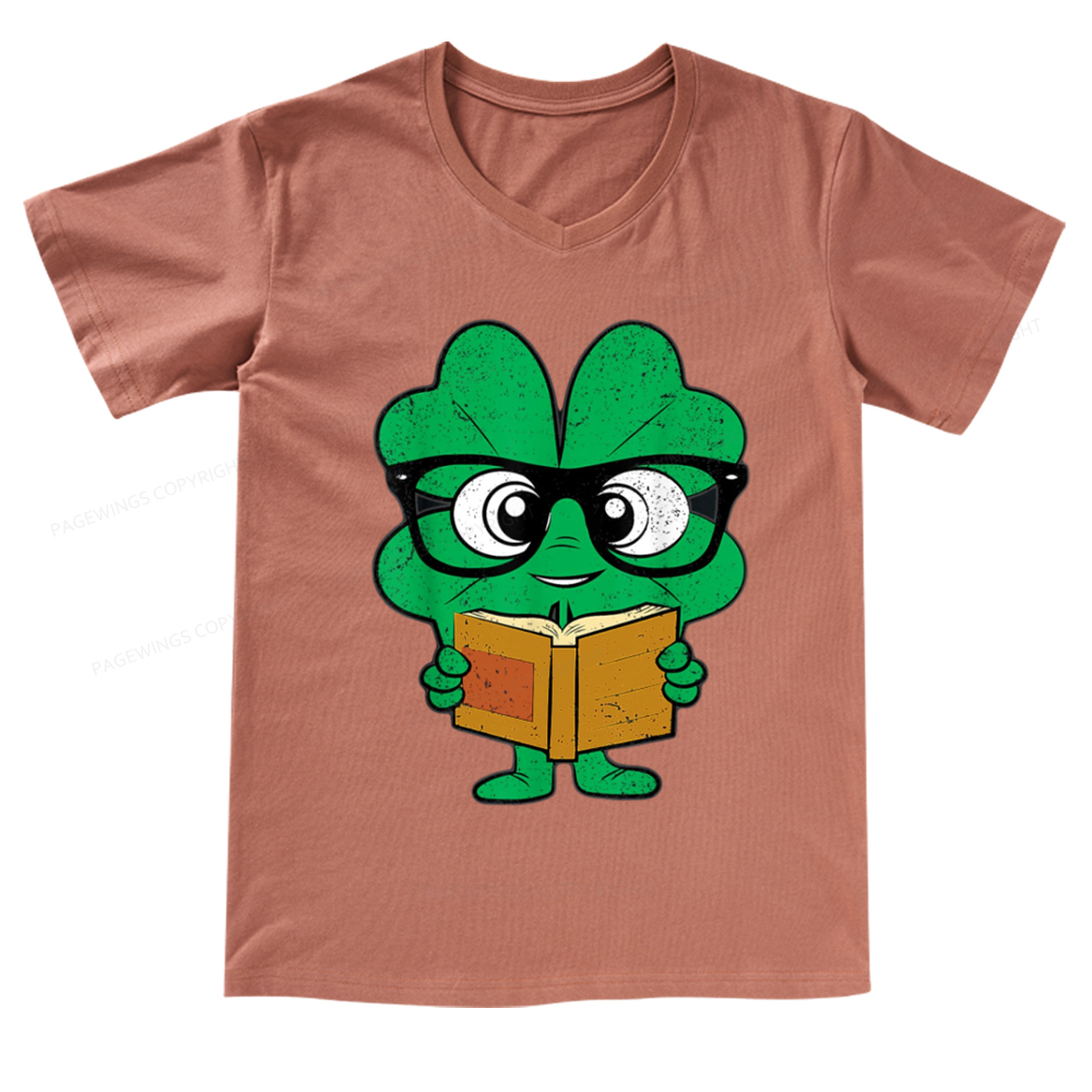 Pagewings Shamrock Reading Books St Patricks Day V-neck T-shirt