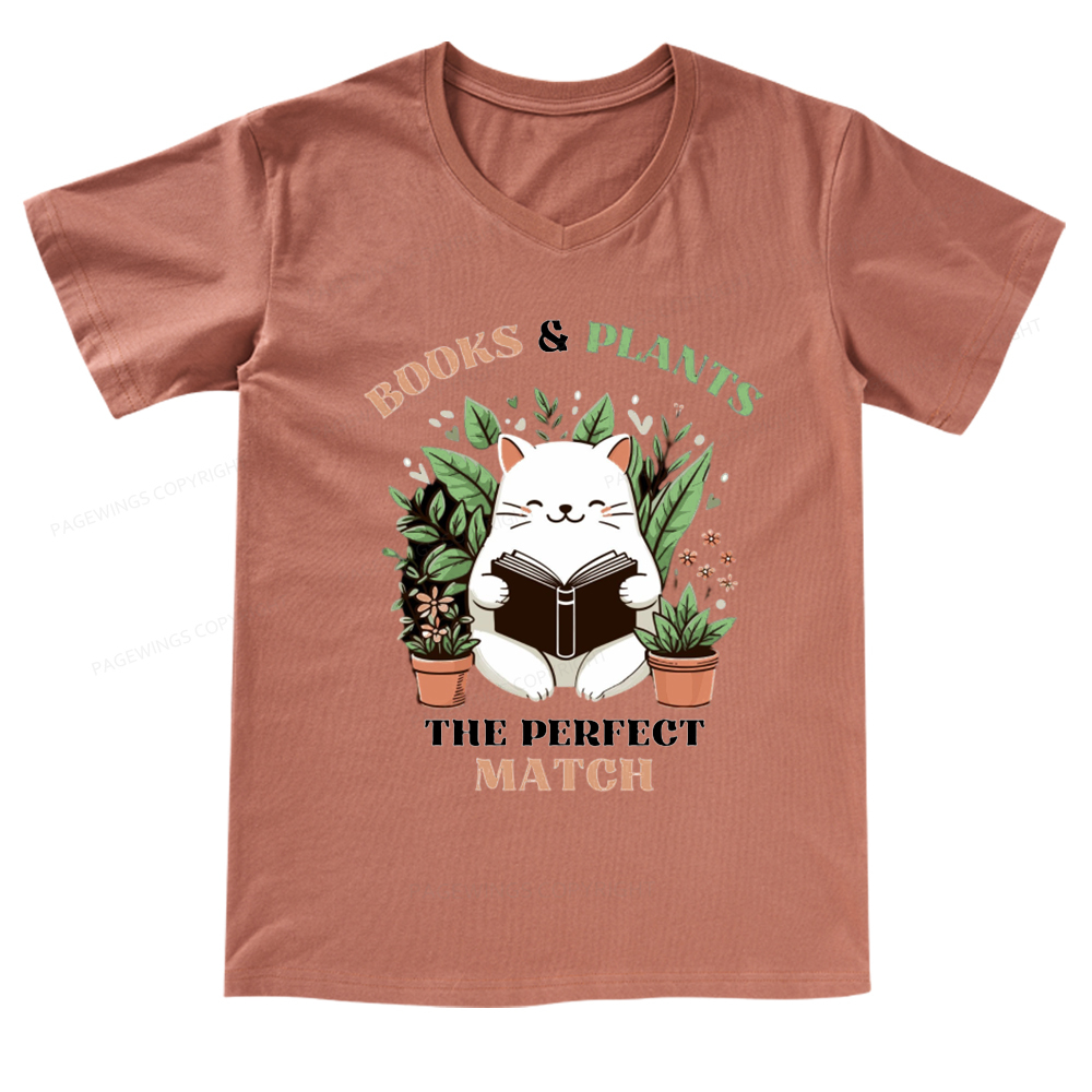 Pagewings Books And Plants The Perfect Match T-Shirt V-neck T-shirt