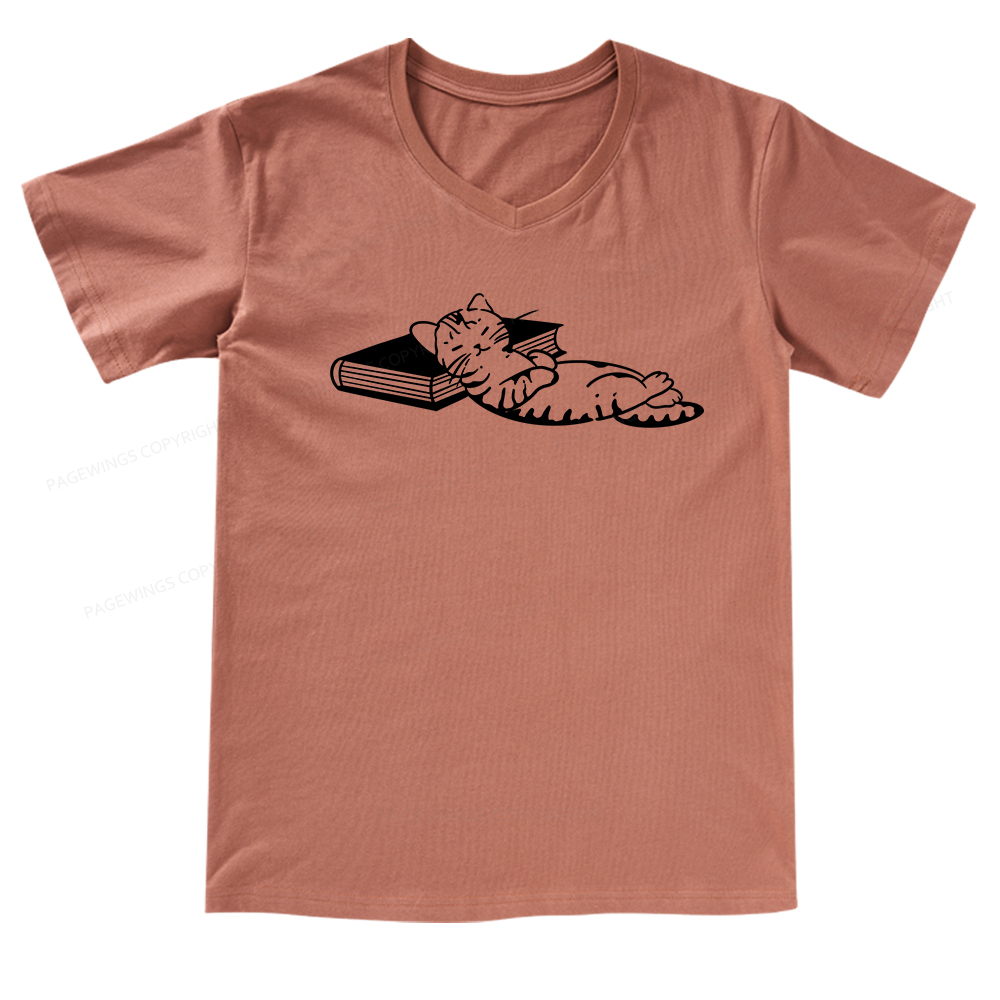Pagewings A Cat Sleeping On The Book V-neck T-shirt