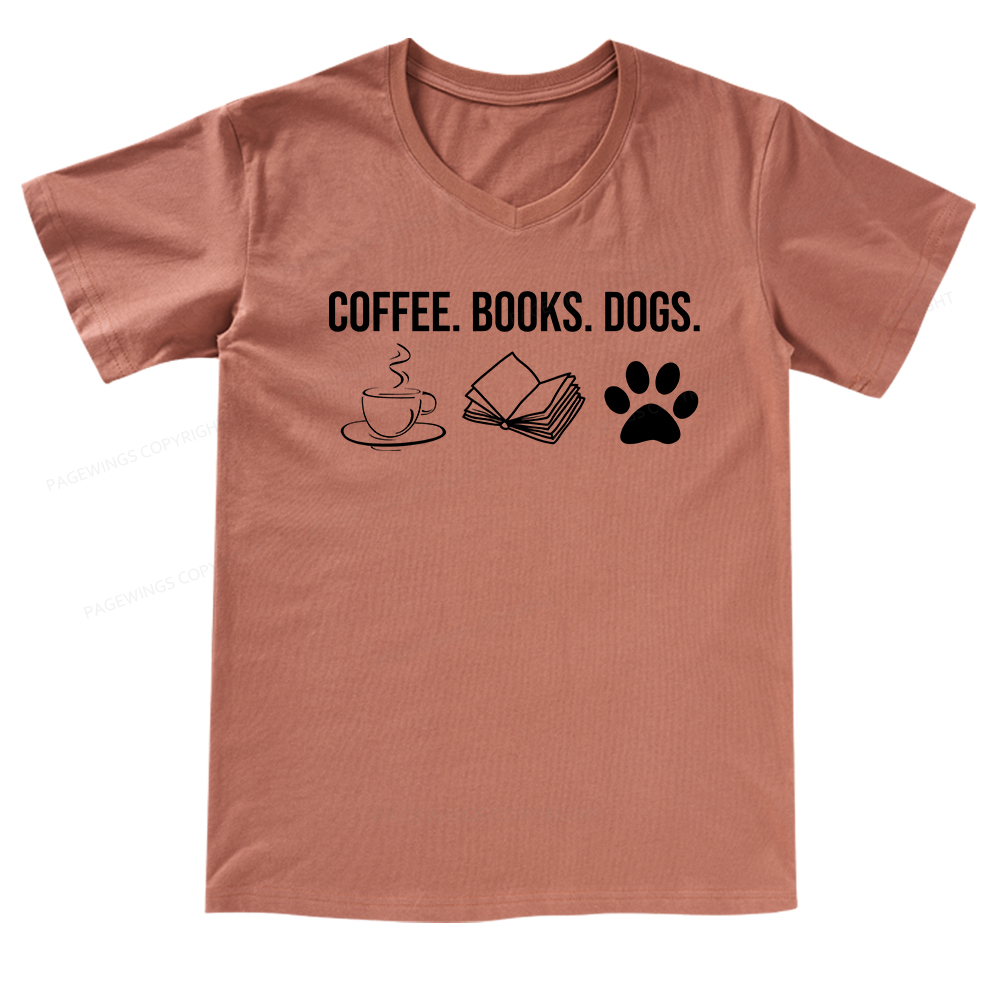 Pagewings Coffee Books and Dogs V-neck T-shirt