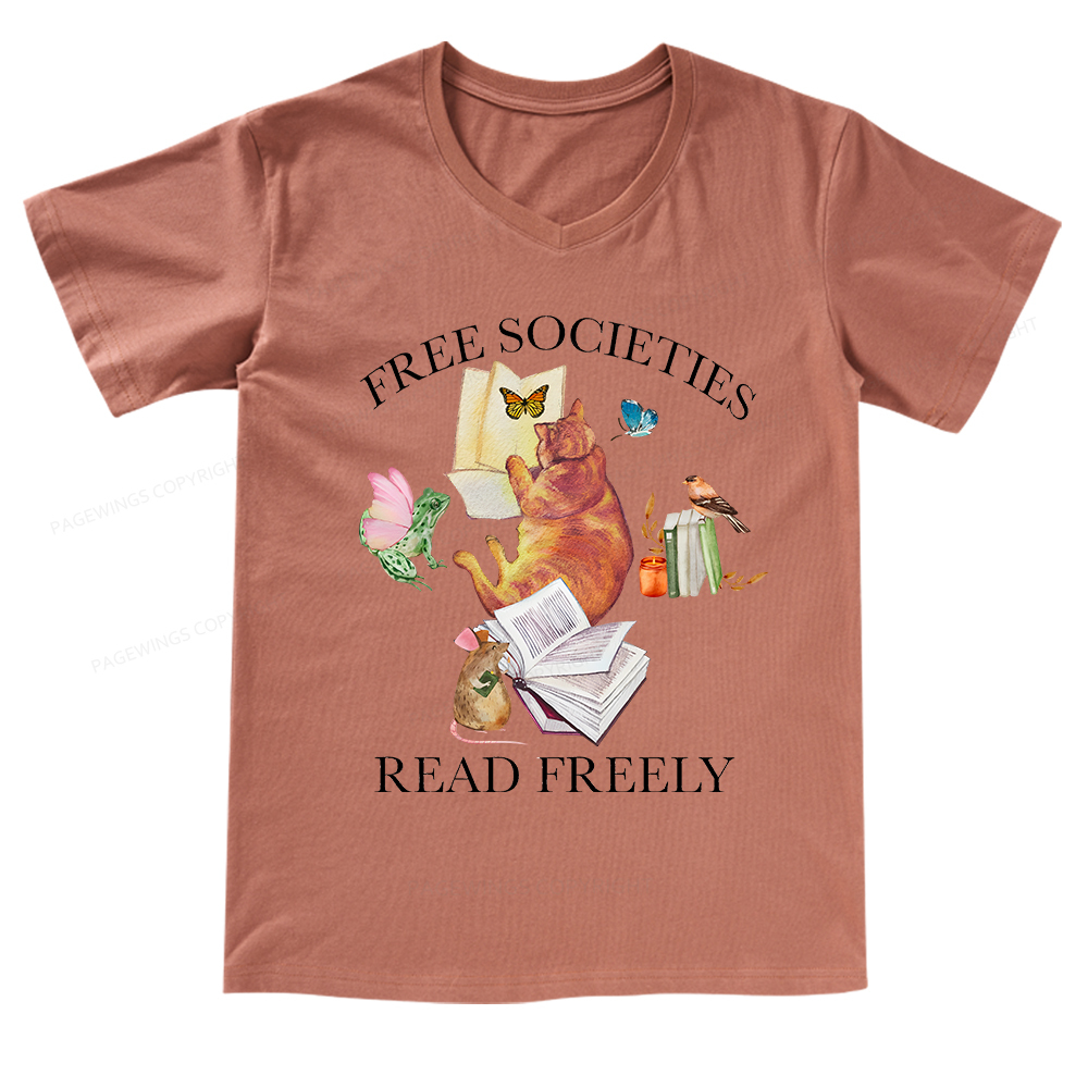 Pagewings Free societies read freely V-neck T-shirt