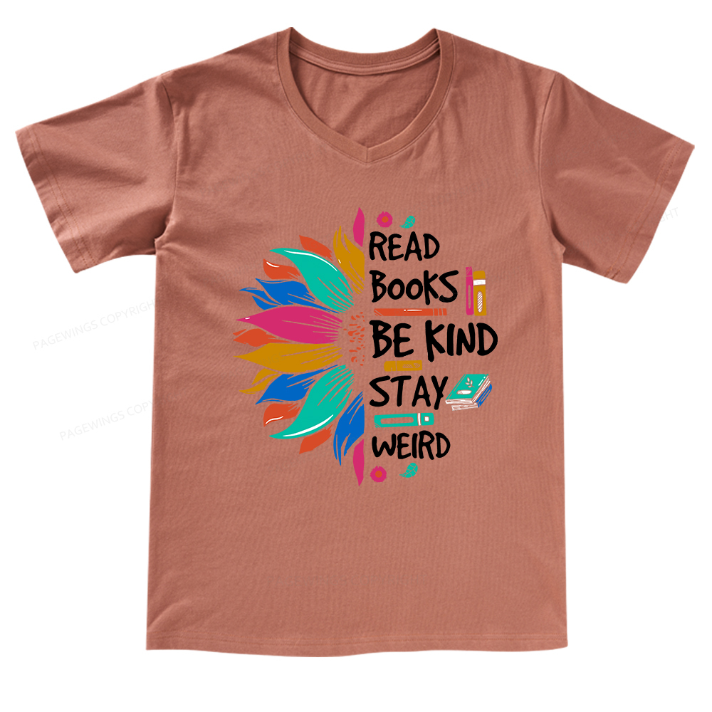 Pagewings Read Books Be Kind Stay Weird on Backpack V-neck T-shirt