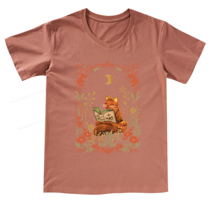 Pagewings Cat Wildflower Book Reading V-neck T-shirt
