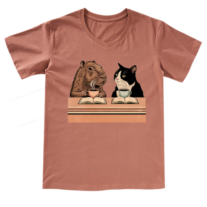 Pagewings Capybara and Tuxedo Cat Chilling with Coffee V-neck T-shirt