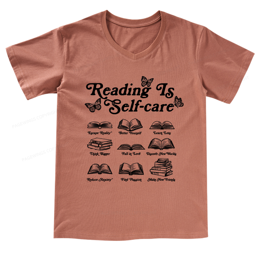 Pagewings eading Is Self-care V-neck T-shirt