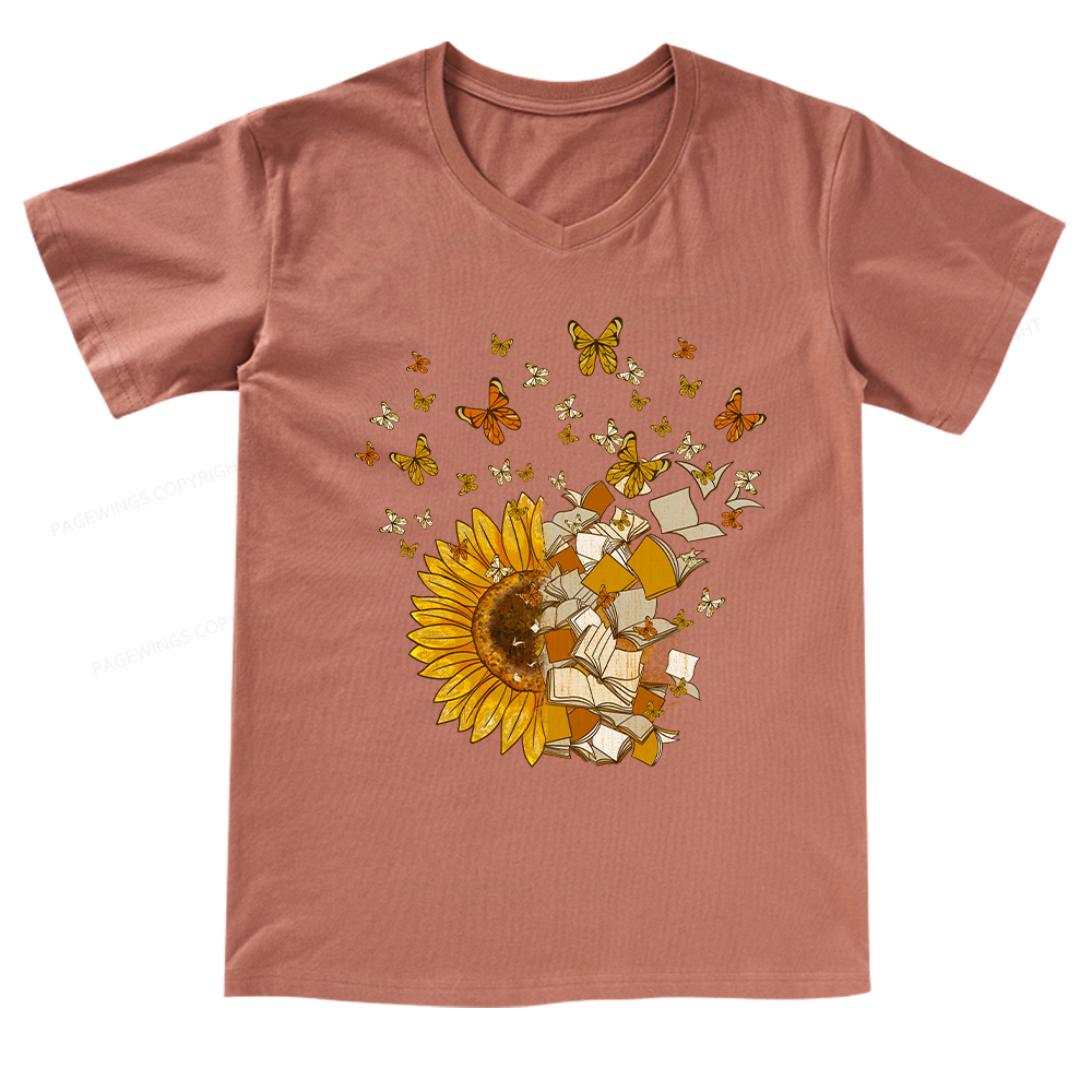 Pagewings Sunflower And Book Harmony V-neck T-shirt