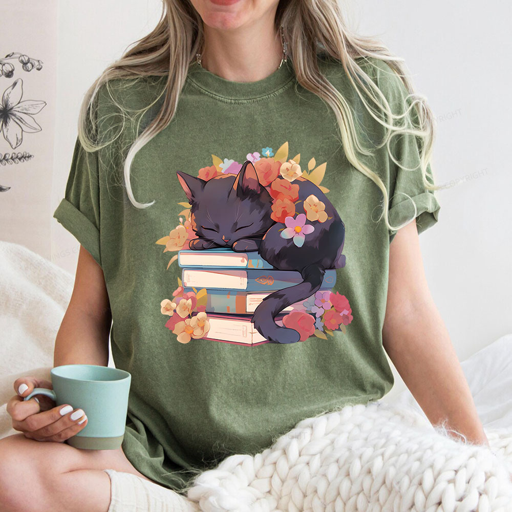 Pagewings Black Cat Sleeping on Books Unisex Washed T-shirt