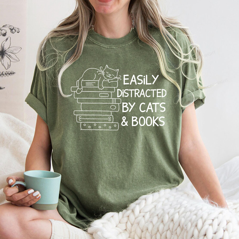 Pagewings Easily Distracted By Cats And Books Unisex Washed T-shirt
