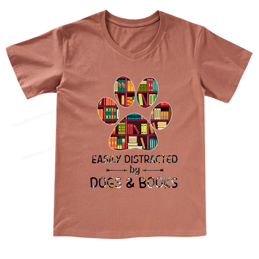 Pagewings Easily Distracted By Dogs And Books V-neck T-shirt