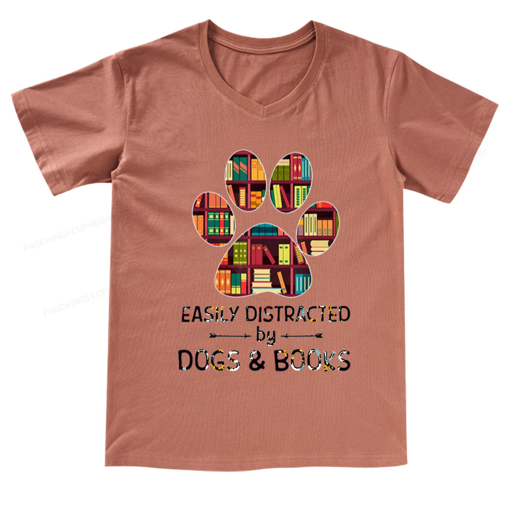 Pagewings Easily Distracted By Dogs And Books V-neck T-shirt