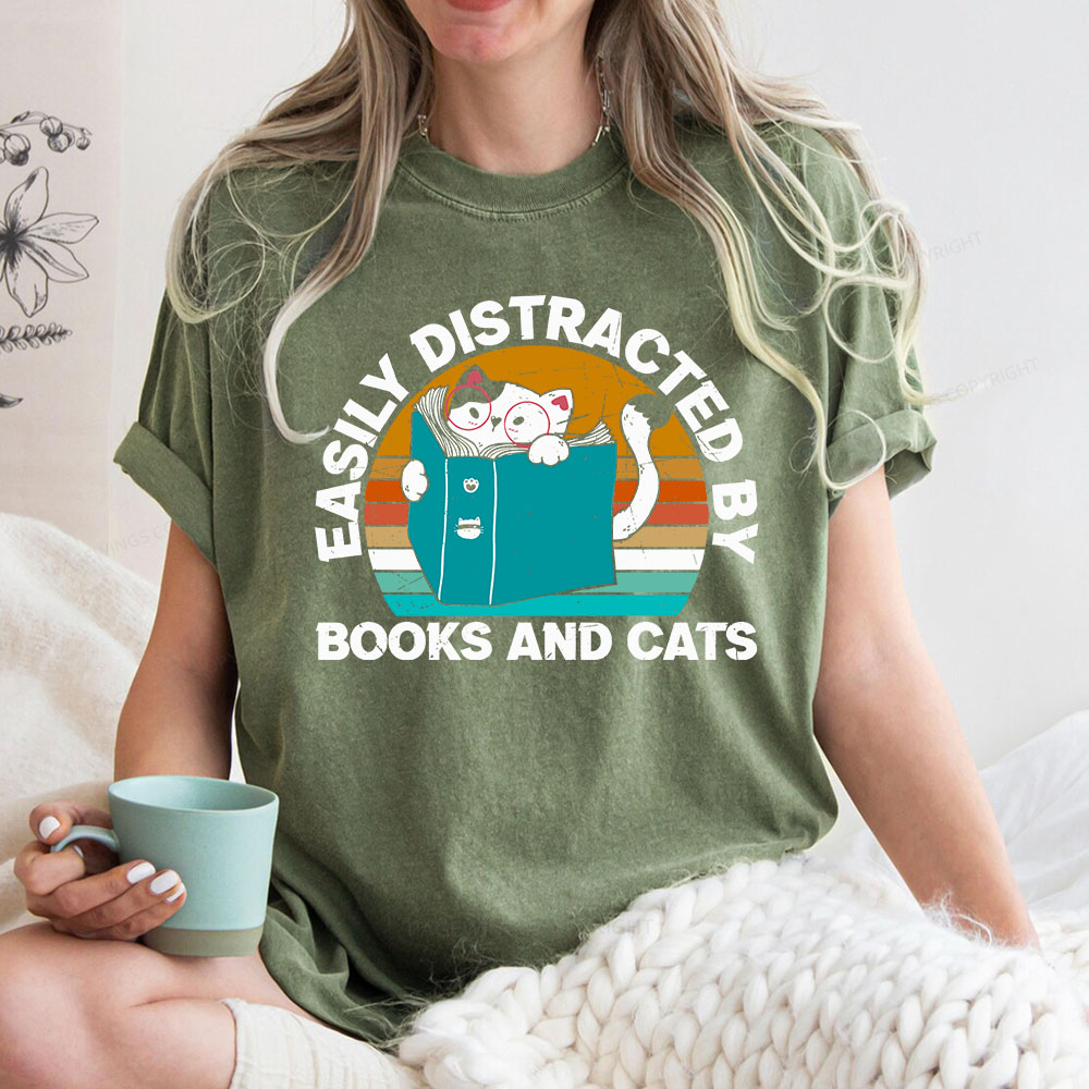 Pagewings Easily Distracted By Books And Cats Unisex Washed T-shirt