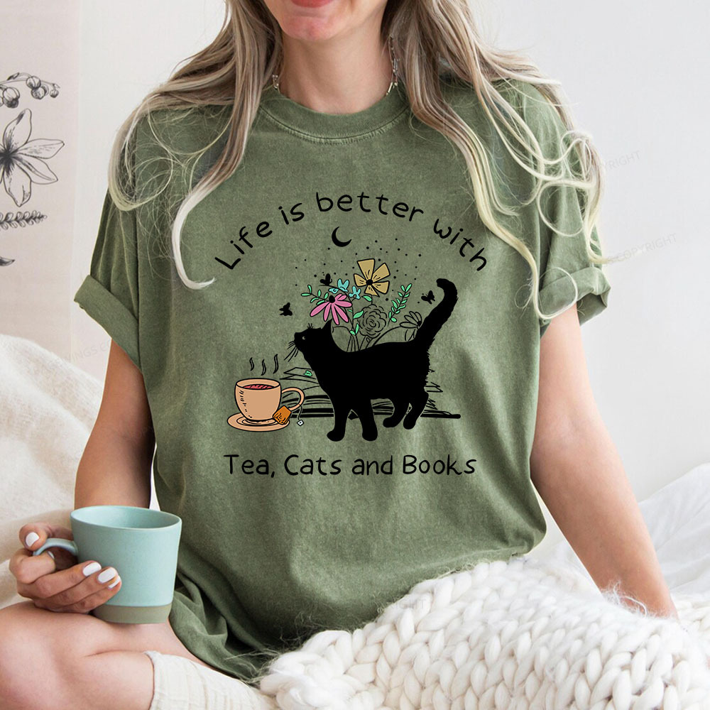 Pagewings Life Is Better With Tea Cats And Books Unisex Washed T-shirt