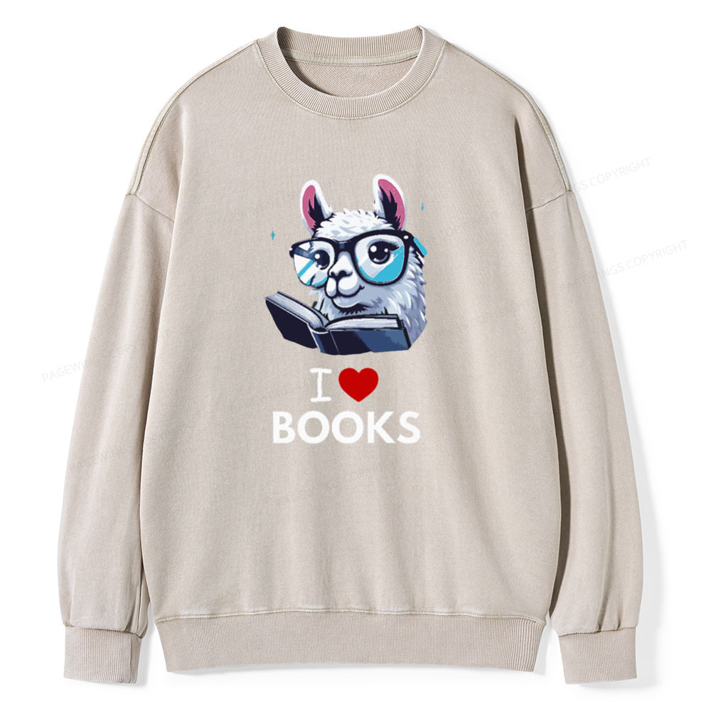 Pagewings  love Books Lama Reading Gift on Women’s Unisex Washed Sweatshirt
