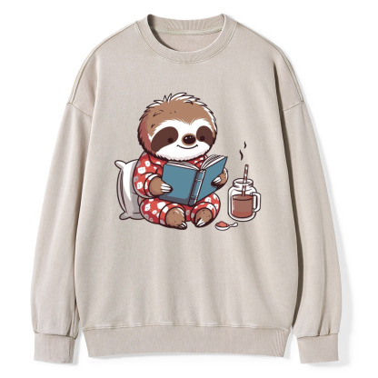 Pagewings Books Sloth Book lover Gift cute sloth on Unisex Washed Sweatshirt