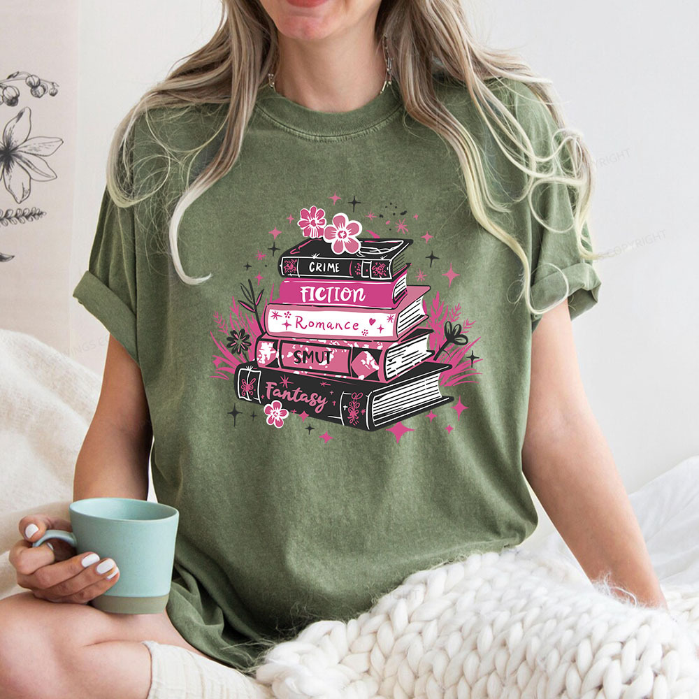 Pagewings Floral Book Stack Book Lover Unisex Washed T-shirt