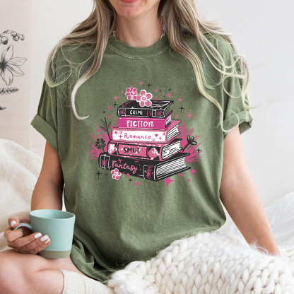 Pagewings Floral Book Stack Book Lover Unisex Washed T-shirt