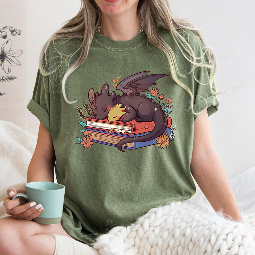 Pagewings Cute Book Dragon Unisex Washed T-shirt