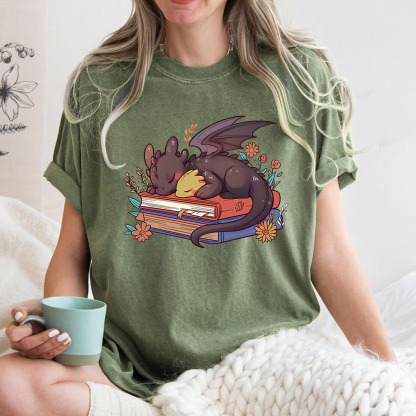 Pagewings Cute Book Dragon Unisex Washed T-shirt
