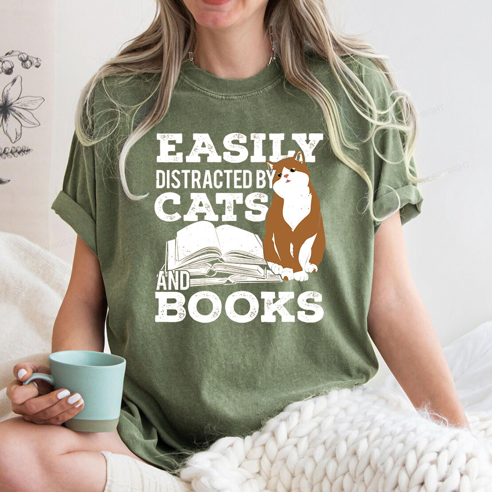 Pagewings Easily Distracted By Cats And Books All Year Unisex Washed T-shirt