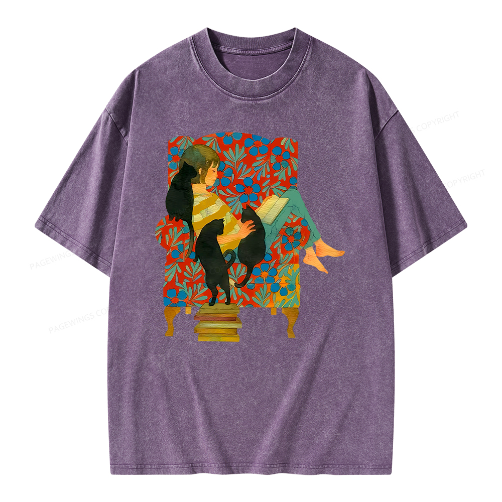 Pagewing A girl reading a book on the sofa Unisex Washed T-shirt