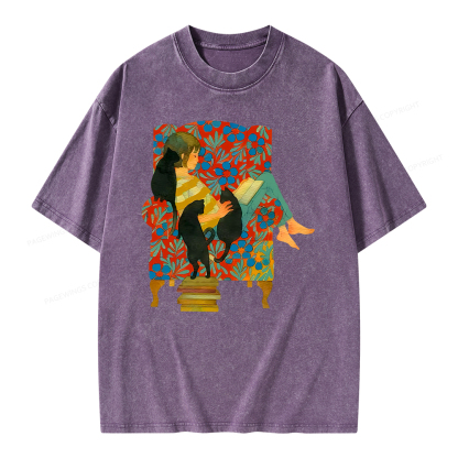 Pagewing A girl reading a book on the sofa Unisex Washed T-shirt