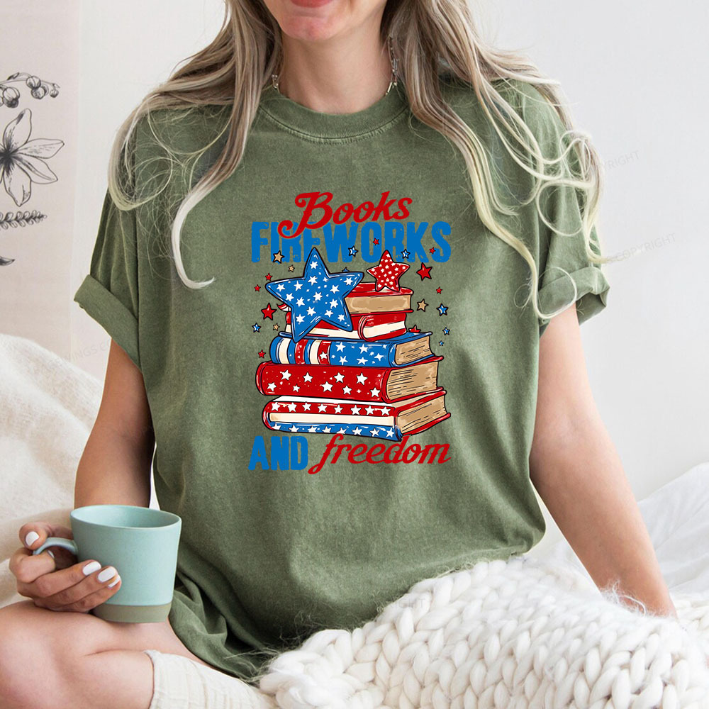 Pagewings Books Fireworks and Freedom Retro Unisex Washed T-shirt