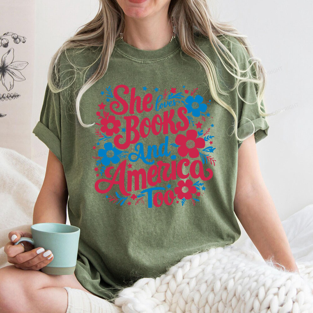 Pagewings She Loves Books And America Too Unisex Washed T-shirt