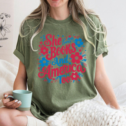 Pagewings She Loves Books And America Too Unisex Washed T-shirt