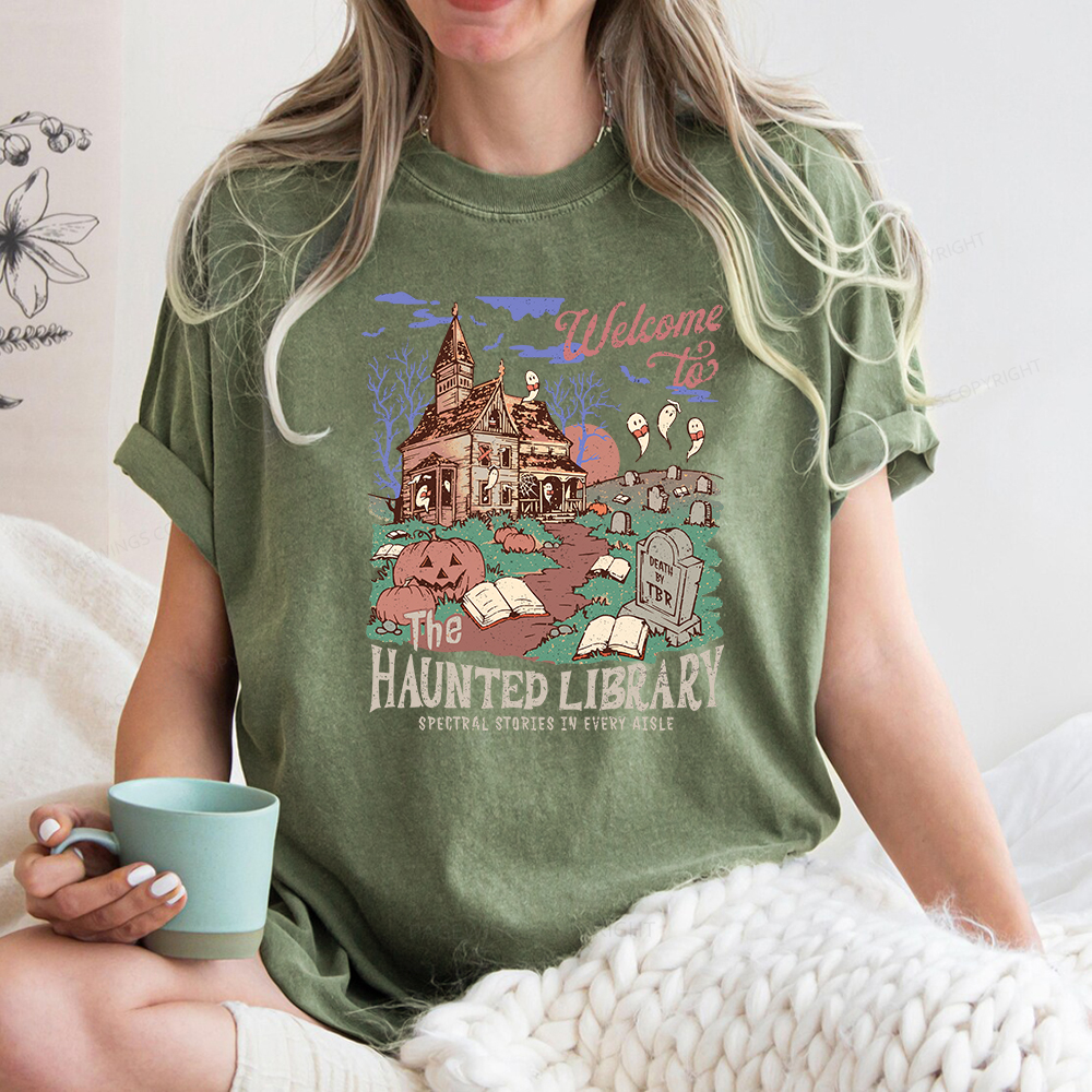 Pagewings Welcome To The Haunted Library Unisex Washed T-shirt