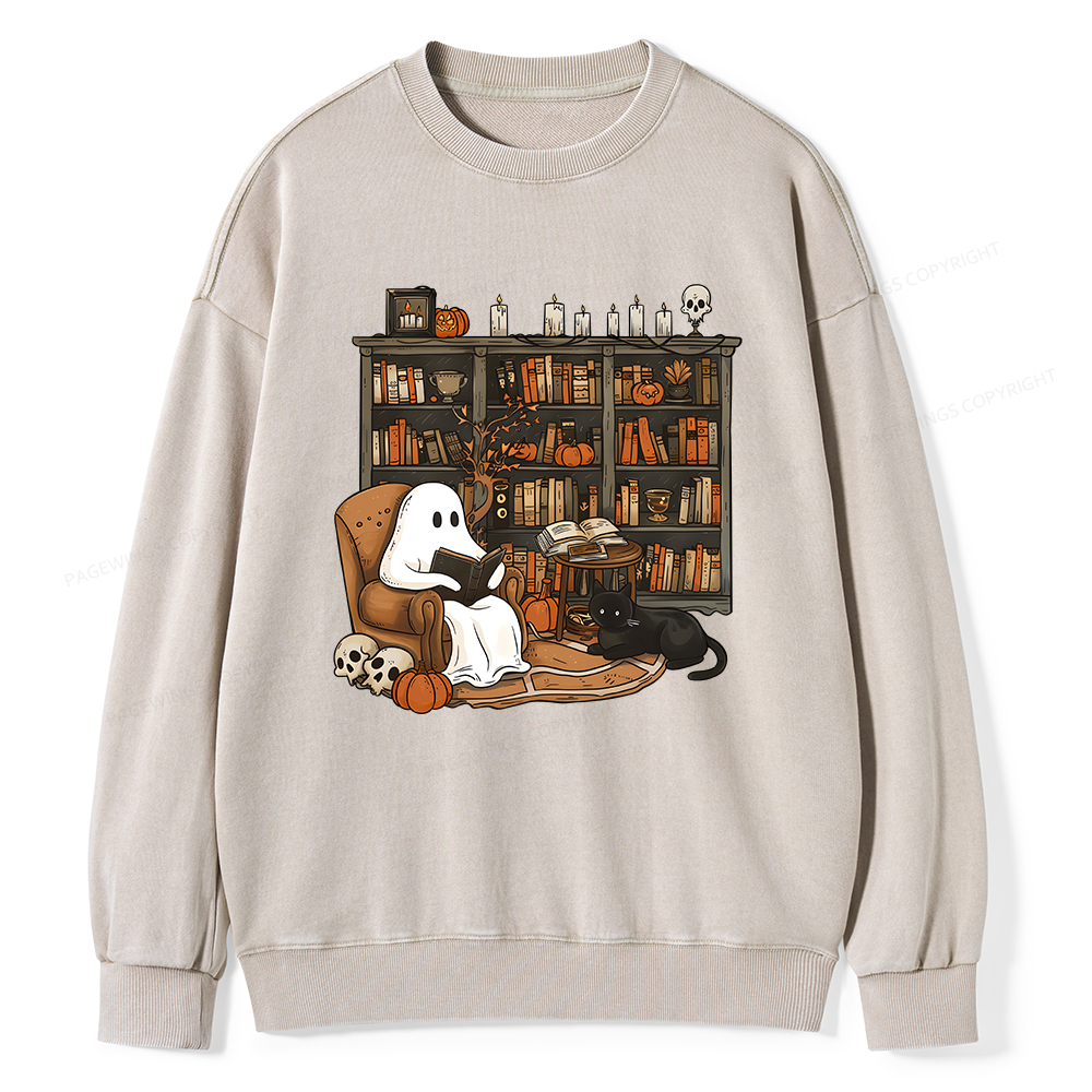 Pagewings Halloween Ghost Reading Books Unisex Washed Sweatshirt