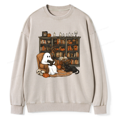 Pagewings Halloween Ghost Reading Books Unisex Washed Sweatshirt