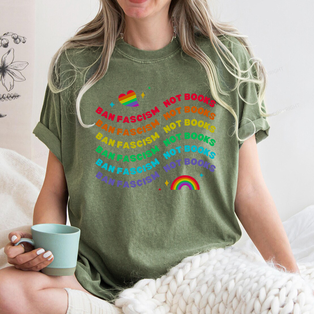 Pagewings Ban Fascism Not Books Rainbow Unisex Washed T-shirt