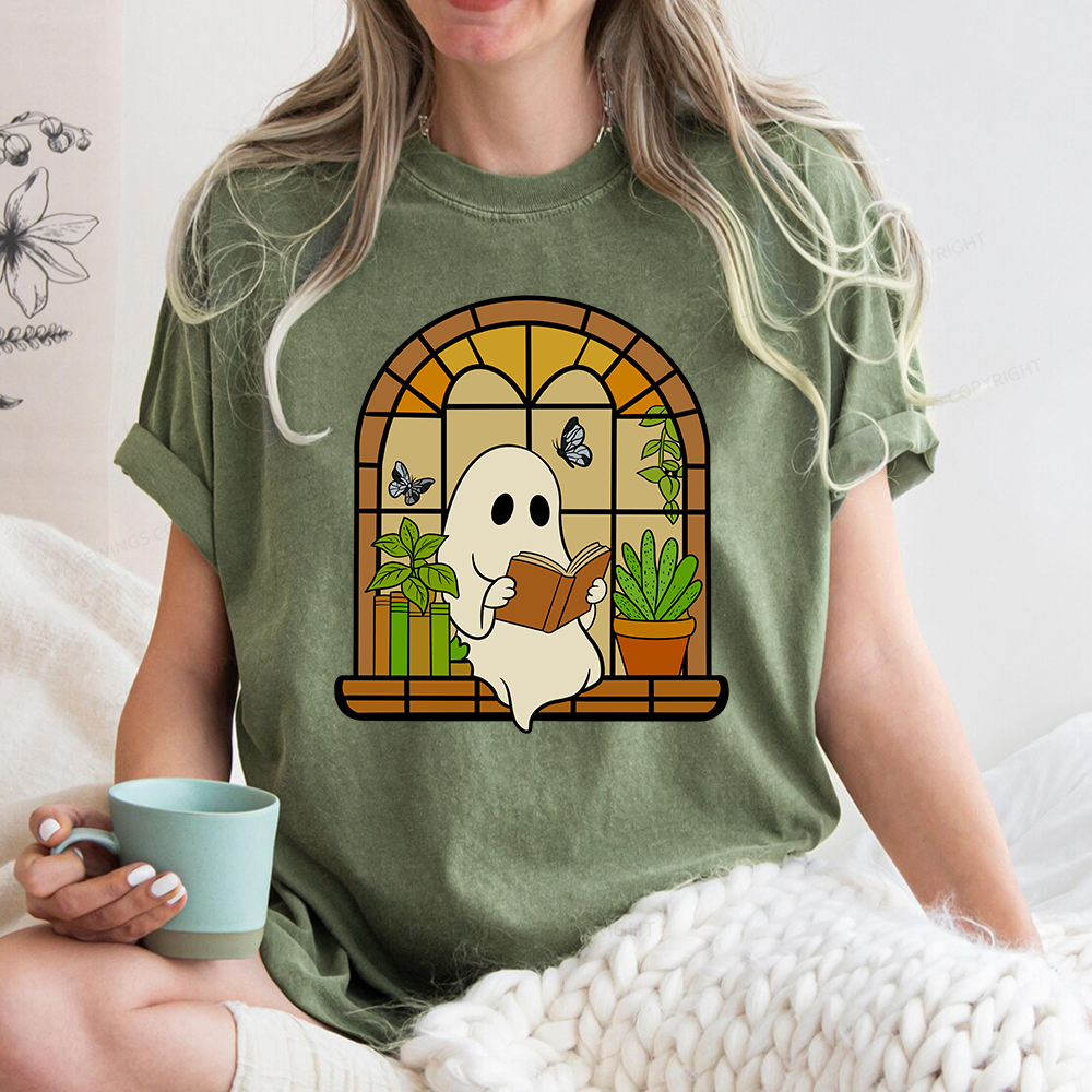 Pagewings Ghost Reading Book Halloween Unisex Washed T-shirt
