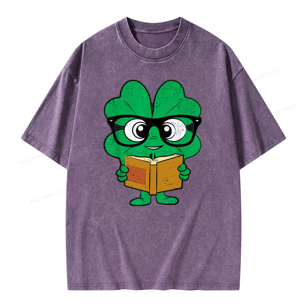 Pagewing Shamrock Reading Books St Patricks Day Unisex Washed T-shirt